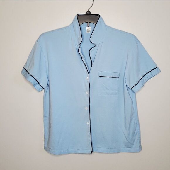 XL Pajama Top Short Sleeve Light Blue Black Edging Soft Loungewear PJ'S Sleep Sh - Picture 3 of 8